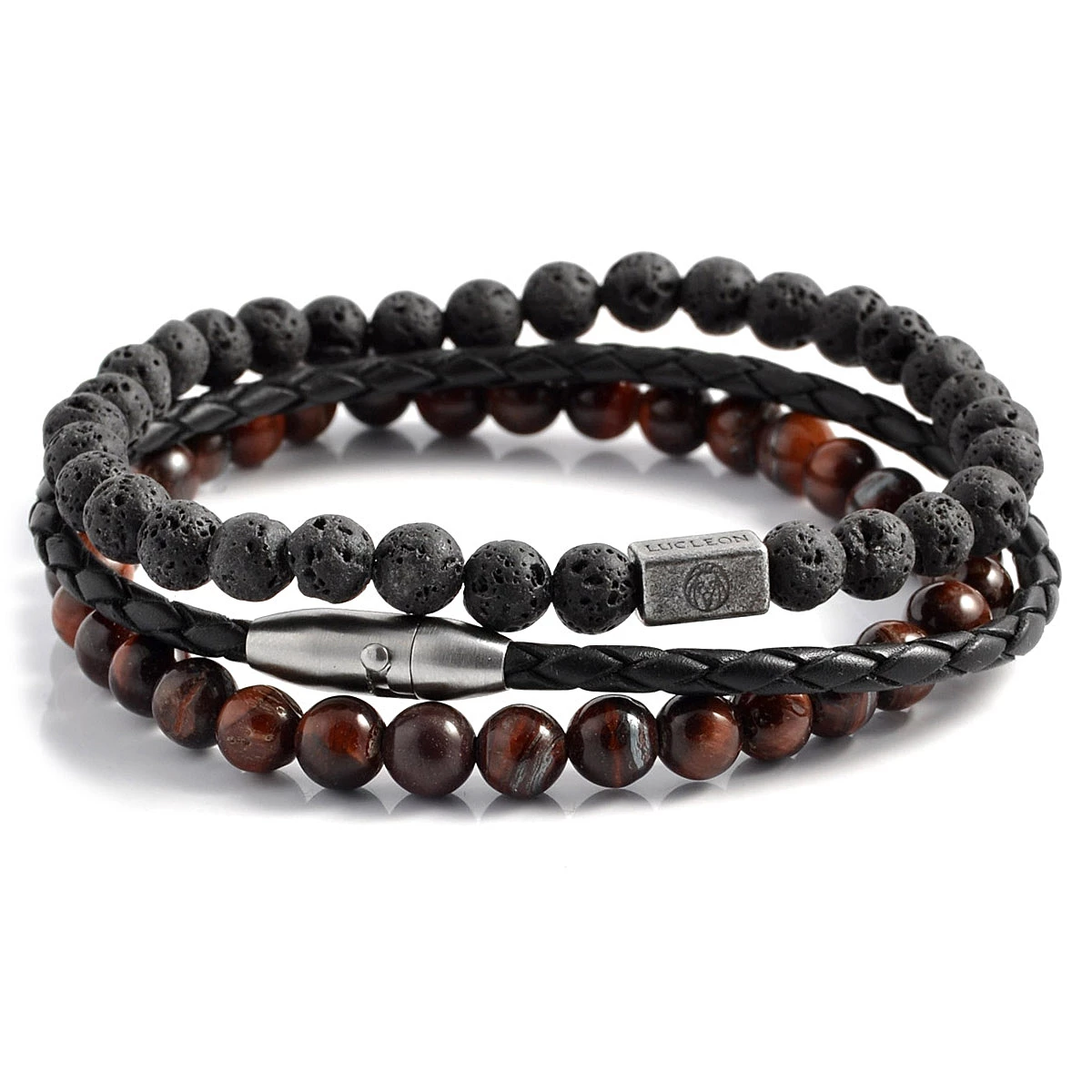 Lucleon Red Tiger's Eye & Black Lava Rock & Leather Cord Bracelet Set 1 Lucleon Red Tiger's Eye & Black Lava Rock & Leather Cord Bracelet Set