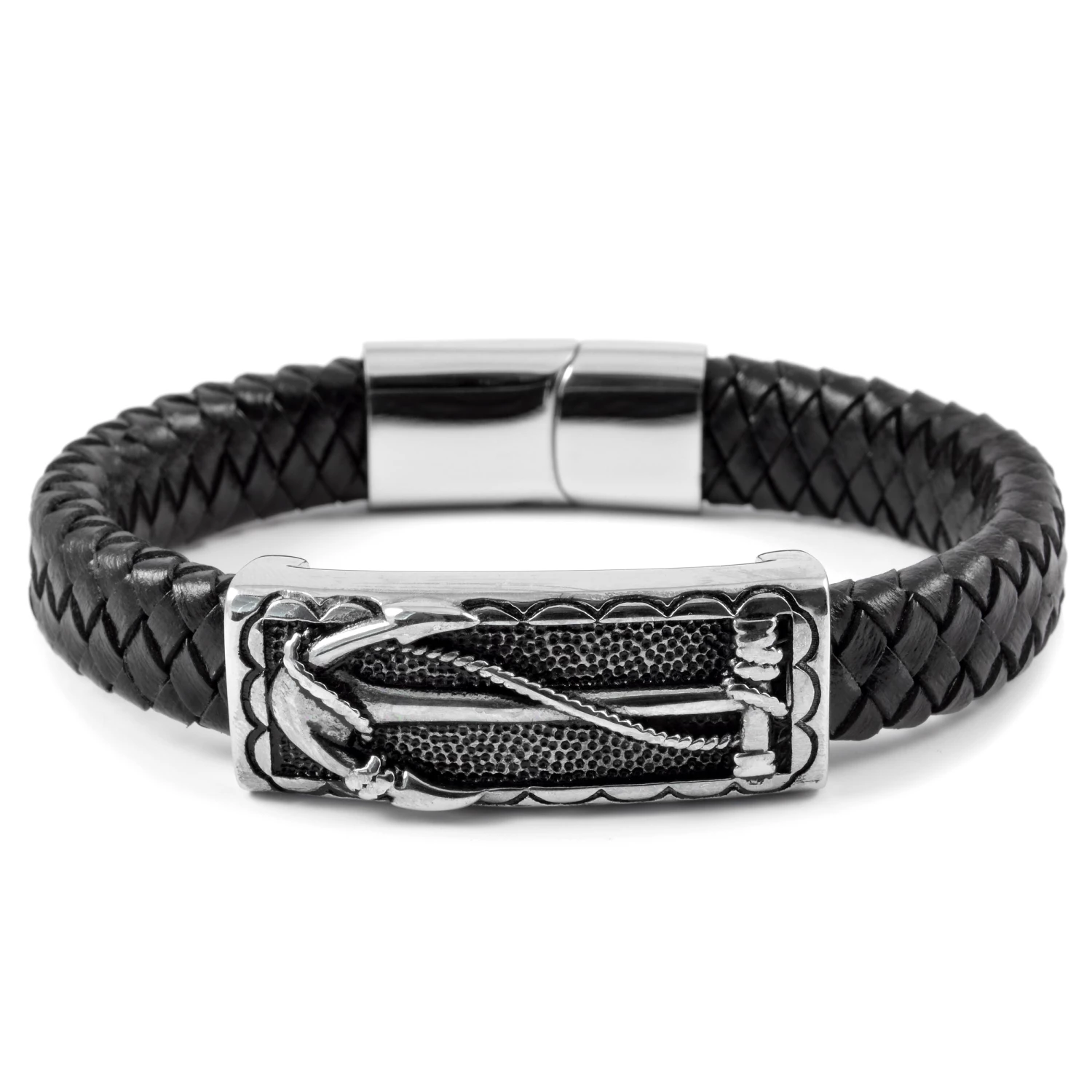 Fort Tempus Black Braided Leather & Stainless Steel Anchor Bracelet 1 Fort Tempus Black Braided Leather & Stainless Steel Anchor Bracelet