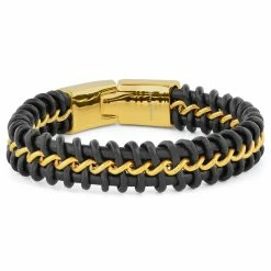 Fort Tempus Black Leather & Gold-Tone Stainless Steel Coil Bracelet