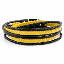 Lucleon Roy | Black & Yellow Leather & Stainless Steel Wrap Bracelet