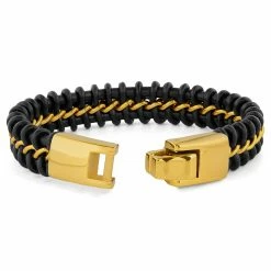 Fort Tempus Black Leather & Gold-Tone Stainless Steel Coil Bracelet -MEN'S BRACELETS Sales Store 2 3 268