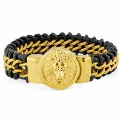 Fort Tempus Black Leather Cord & Gold-Tone Stainless Steel Lion's Head Bracelet