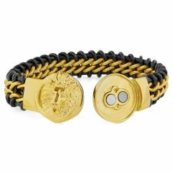 Fort Tempus Black Leather Cord & Gold-Tone Stainless Steel Lion's Head Bracelet -MEN'S BRACELETS Sales Store 20 3 52