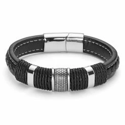 Lucleon Icon | Black Leather & Silver-Tone Stainless Steel Bracelet