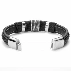 Lucleon Icon | Black Leather & Silver-Tone Stainless Steel Bracelet -MEN'S BRACELETS Sales Store 20255 3