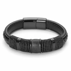 Lucleon Icon | All Black Leather & Stainless Steel Bracelet