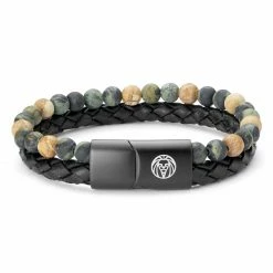 Lucleon Icon | Black Leather & Green Stone Double Bracelet