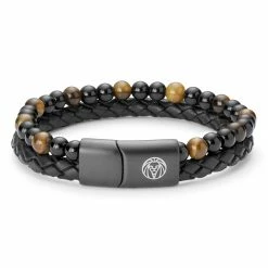 Lucleon Black Leather & Yellow Tiger's Eye Double Bracelet