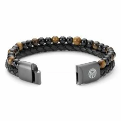 Lucleon Black Leather & Yellow Tiger's Eye Double Bracelet -MEN'S BRACELETS Sales Store 20309 2 1