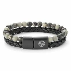Lucleon Icon | Black Leather & Grey Jasper Double Bracelet