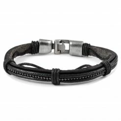 Fort Tempus Black Leather Strap & Bead Chain Bracelet