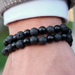 Fort Tempus Black Lava Rock & Agate Pearl Bracelet Set -MEN'S BRACELETS Sales Store 22 black stone raw bracelet cropped