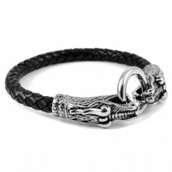 Fort Tempus Black Braided Leather Rope & Steel Snake Head Bracelet -MEN'S BRACELETS Sales Store 23 2 25