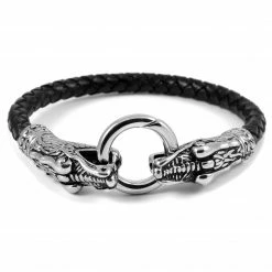 Fort Tempus Black Braided Leather Rope & Steel Snake Head Bracelet
