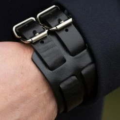 Collin Rowe Wide Raw Black Leather Cuff Bracelet -MEN'S BRACELETS Sales Store 23 black raw double detail bracelet cropped