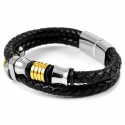 Fort Tempus Black Braided Leather Rope & Steel Double Bracelet -MEN'S BRACELETS Sales Store 25 1 21