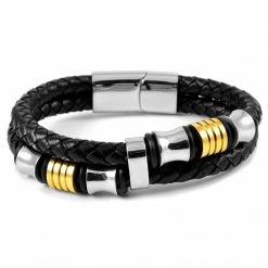 Fort Tempus Black Braided Leather Rope & Steel Double Bracelet