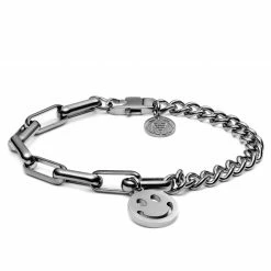 Lucleon Amager | Silver-Tone Stainless Steel Curb & Cable Chain Smiley Bracelet