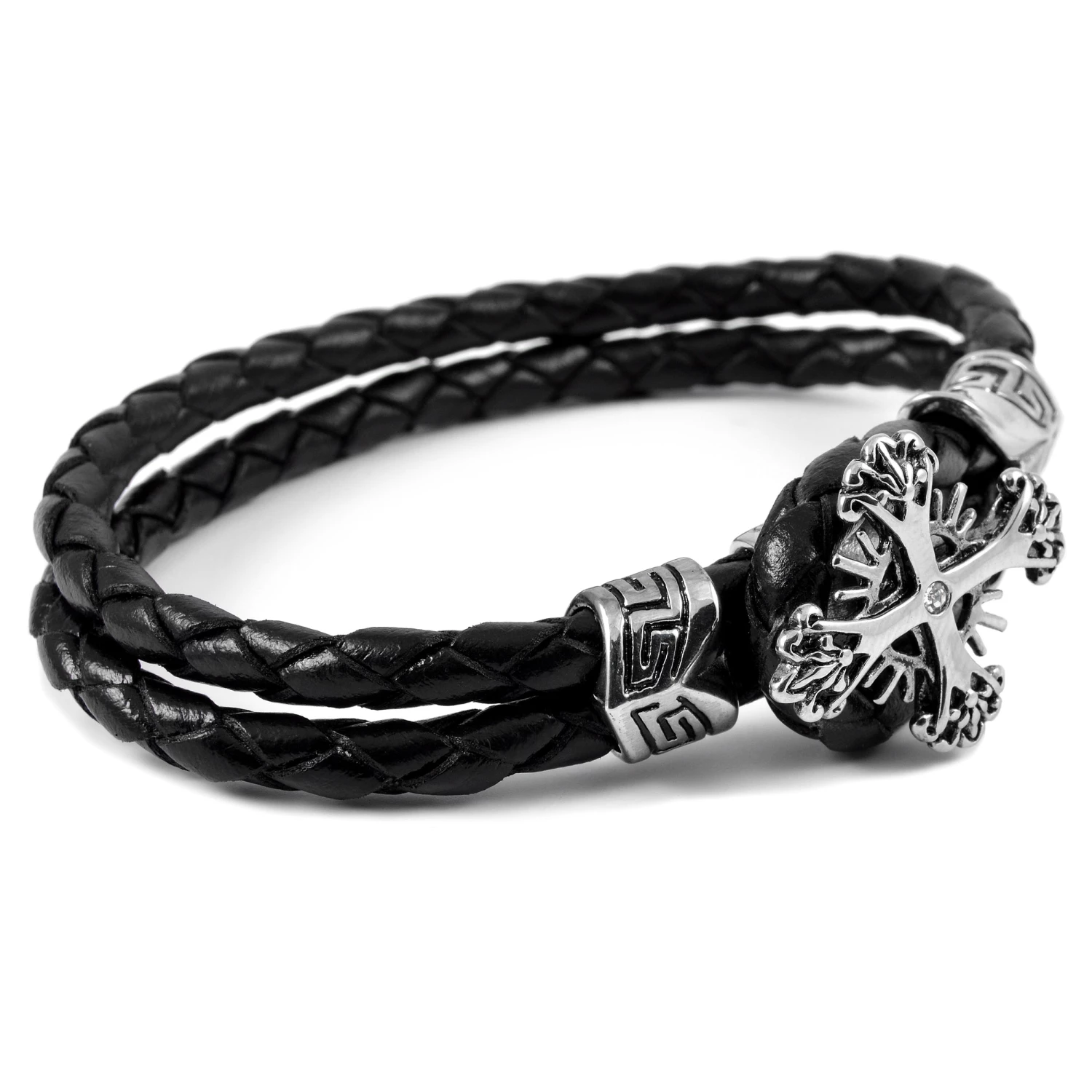 Fort Tempus Black Braided Leather Rope & Stainless Steel Cross Bracelet 3 Fort Tempus Black Braided Leather Rope & Stainless Steel Cross Bracelet - Image 3