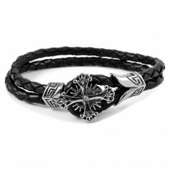 Fort Tempus Black Braided Leather Rope & Stainless Steel Cross Bracelet
