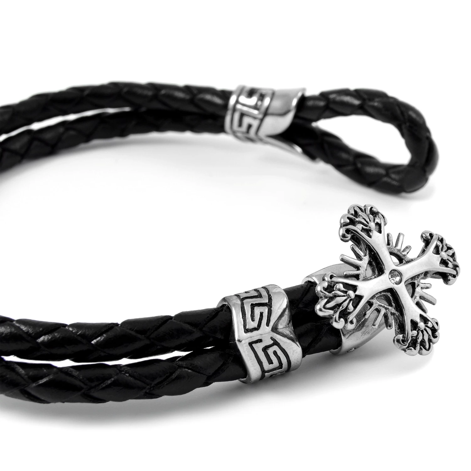 Fort Tempus Black Braided Leather Rope & Stainless Steel Cross Bracelet 2 Fort Tempus Black Braided Leather Rope & Stainless Steel Cross Bracelet - Image 2
