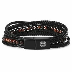Lucleon Naxos | Black Braided Leather & Red Tiger's Eye Bracelet
