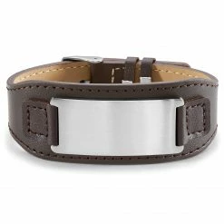 Lucleon Brown Leather & Stainless Steel Plate ID Bracelet