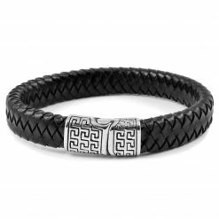 Fort Tempus Black Leather & Stainless Steel Greek Pattern Bracelet