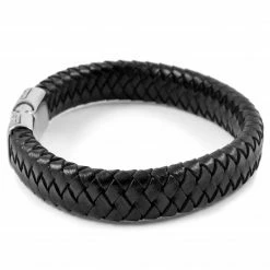 Fort Tempus Black Leather & Stainless Steel Greek Pattern Bracelet -MEN'S BRACELETS Sales Store 3 2 131