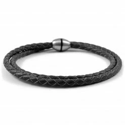 Lucleon Black Braided Leather & Stainless Steel Wrap Bracelet