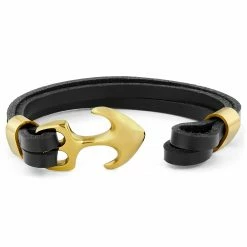 Fort Tempus Black Leather & Gold-Tone Anchor Clasp Bracelet -MEN'S BRACELETS Sales Store 3 3 245