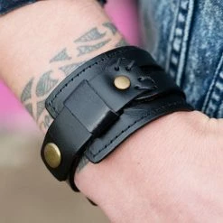 Collin Rowe Black & Gold-Tone Leather Wide Wrap Cuff Bracelet -MEN'S BRACELETS Sales Store 3090 bracelet