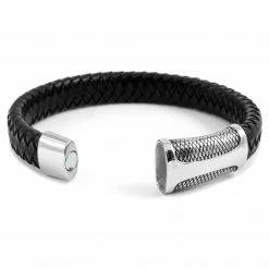 Fort Tempus Black Braided Leather Strap & Stainless Steel Snake Motif Bracelet -MEN'S BRACELETS Sales Store 33 3 5