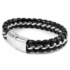 Fort Tempus Black Leather & Stainless Steel Intertwining Bracelet -MEN'S BRACELETS Sales Store 34 1 19