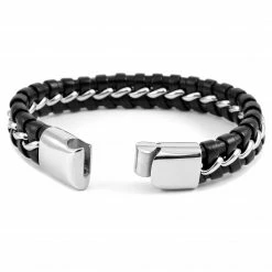 Fort Tempus Black Leather & Stainless Steel Intertwining Bracelet -MEN'S BRACELETS Sales Store 34 3 4
