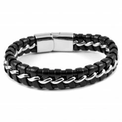 Fort Tempus Black Leather & Stainless Steel Intertwining Bracelet