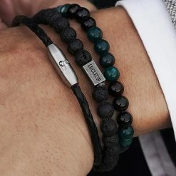 Lucleon Green Natural Stone & Black Lava Rock & Leather Cord Bracelet Set -MEN'S BRACELETS Sales Store 3676best
