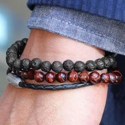 Lucleon Red Tiger's Eye & Black Lava Rock & Leather Cord Bracelet Set 9 Lucleon Red Tiger's Eye & Black Lava Rock & Leather Cord Bracelet Set -MEN'S BRACELETS Sales Store 3677best