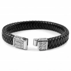 Fort Tempus Black Leather & Stainless Steel Greek Pattern Bracelet -MEN'S BRACELETS Sales Store 3 159 1 30