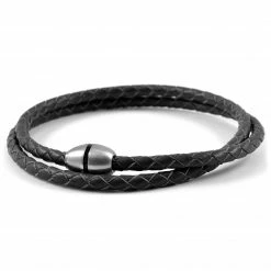 Lucleon Black Braided Leather & Stainless Steel Wrap Bracelet -MEN'S BRACELETS Sales Store 3 kopi 1