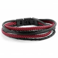 Lucleon Roy | Black & Red Leather & Stainless Steel Wrap Bracelet