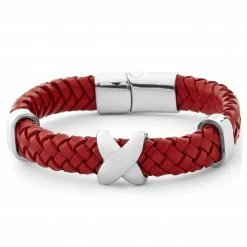 Fort Tempus Cherry Red Braided Leather & Stainless Steel Bracelet