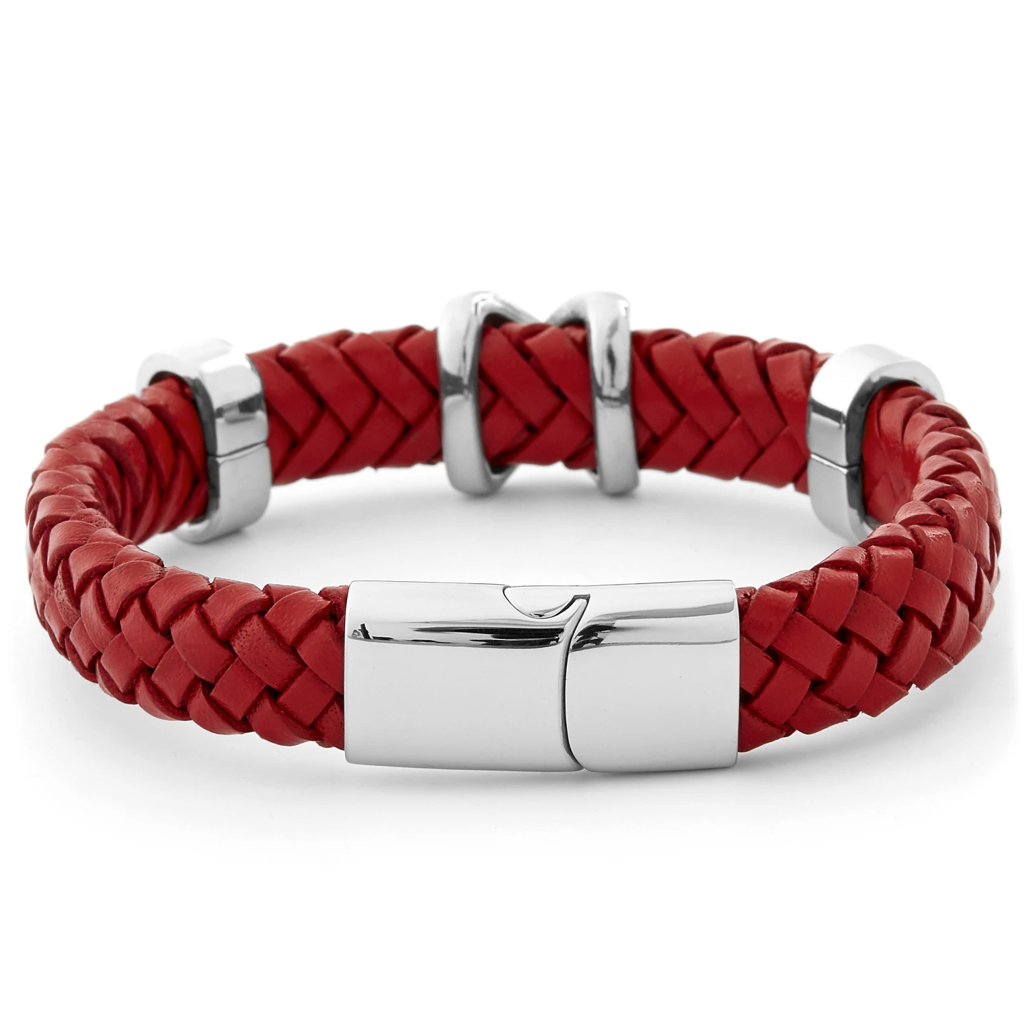 Fort Tempus Cherry Red Braided Leather & Stainless Steel Bracelet 3 Fort Tempus Cherry Red Braided Leather & Stainless Steel Bracelet - Image 3