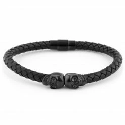 Fort Tempus All Black Braided Leather Cord Skull Bracelet