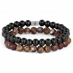 Lucleon Brown Agate & Black Wooden Bracelet Set