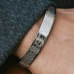 Fort Tempus Silver-Tone Stainless Steel Textured Cuff Bracelet -MEN'S BRACELETS Sales Store 5 shattered fragments bracelet cropped