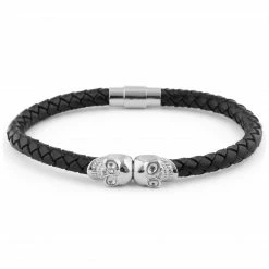 Fort Tempus Black Braided Leather Rope & Stainless Steel Skull Bracelet