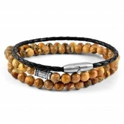 Neshraw Picture Jasper & Black Leather Bracelet Set