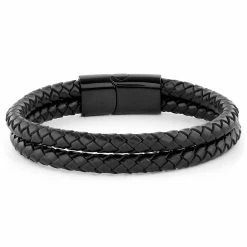 Fort Tempus Black Braided Leather Rope Double Bracelet