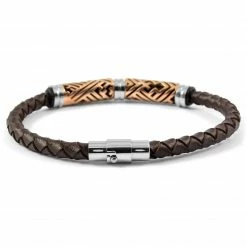 Lucleon Dark Brown Braided Leather & Rose Gold-Tone Stainless Steel Bracelet -MEN'S BRACELETS Sales Store 6 2 47 2 37